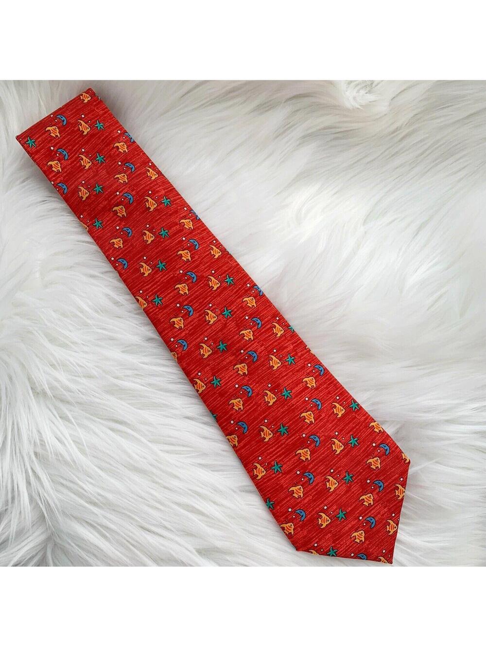 Hermes Paris Red Silk Tie Fish Starfish Moon Novelty Print 3.5" x 58.5"